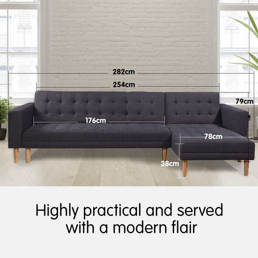 Sarantino Linen Fabric Corner Sofa Bed Couch Lounge with Chaise Dark Grey