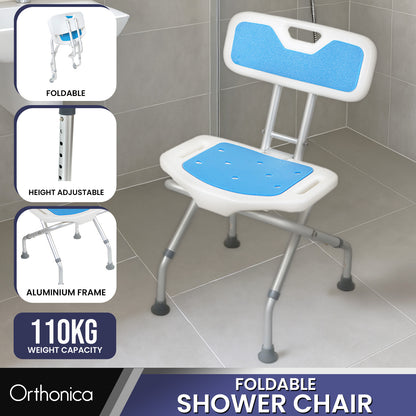 Orthonica Compact & Foldable Shower Chair w/Height Adjustable Aluminium Frame Non Slip Feet HDPE Seat & Backrest