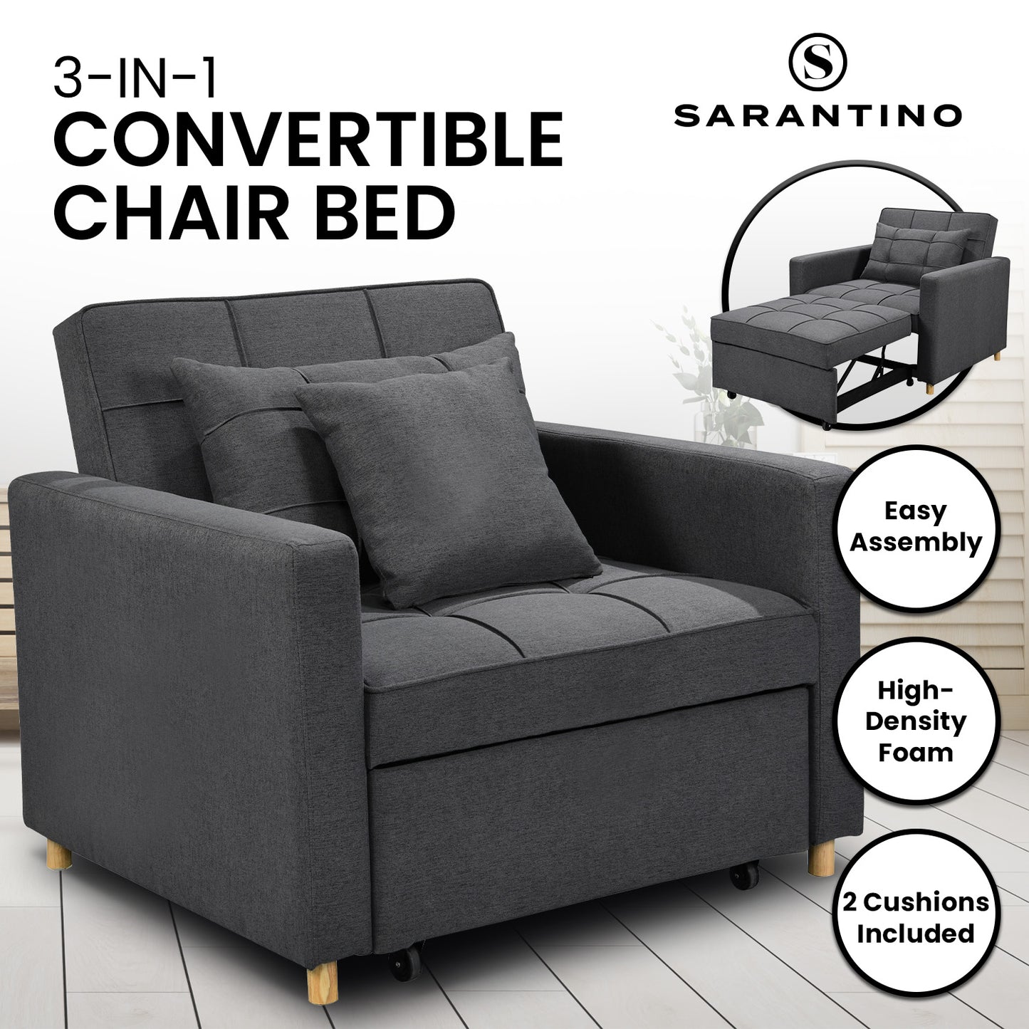 Suri 3-in-1 Convertible Lounge Chair Bed by Sarantino - Dark Grey