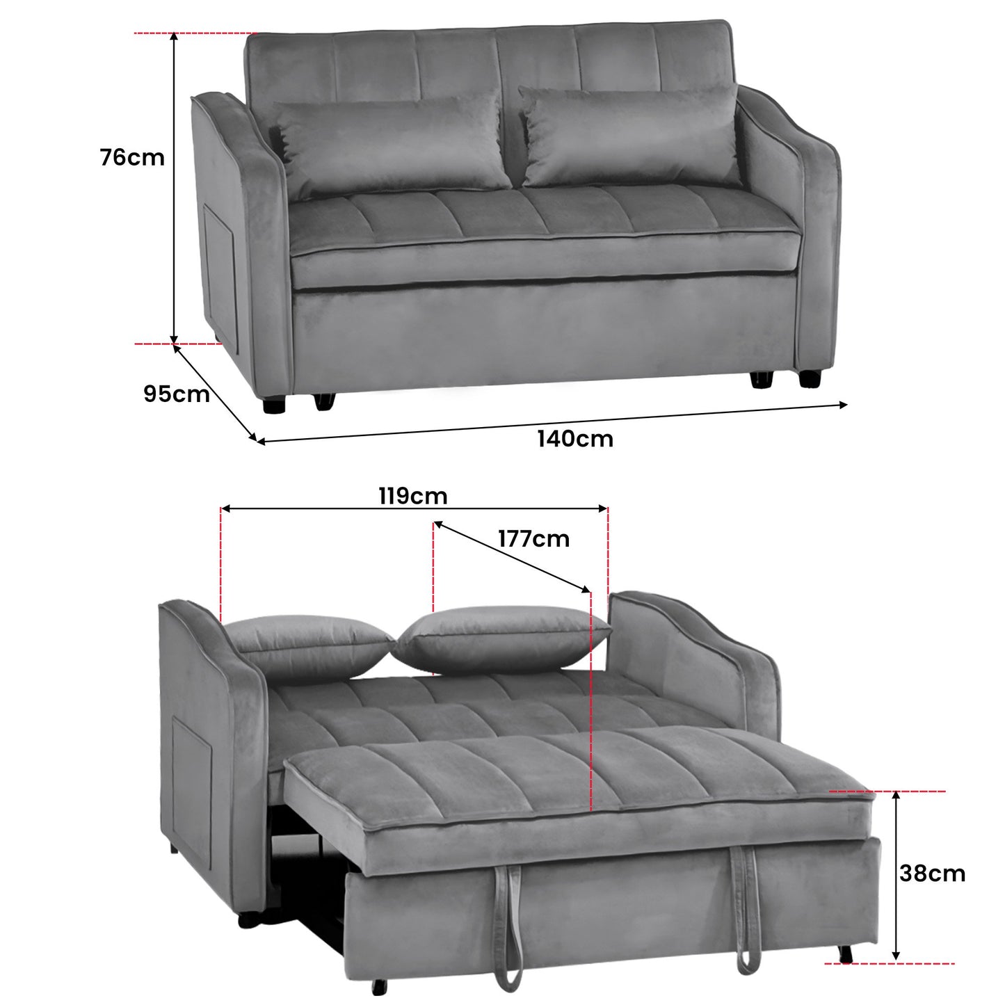 Sarantino Fenton 2-Seater Velvet Sofa Bed in Dark Grey