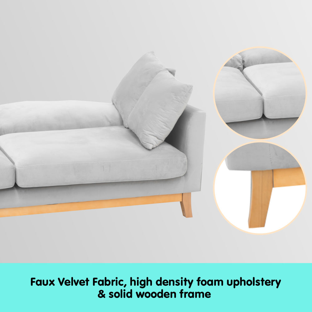 Sarantino 3 Seater Faux Velvet Sofa Bed Couch Furniture Light Grey