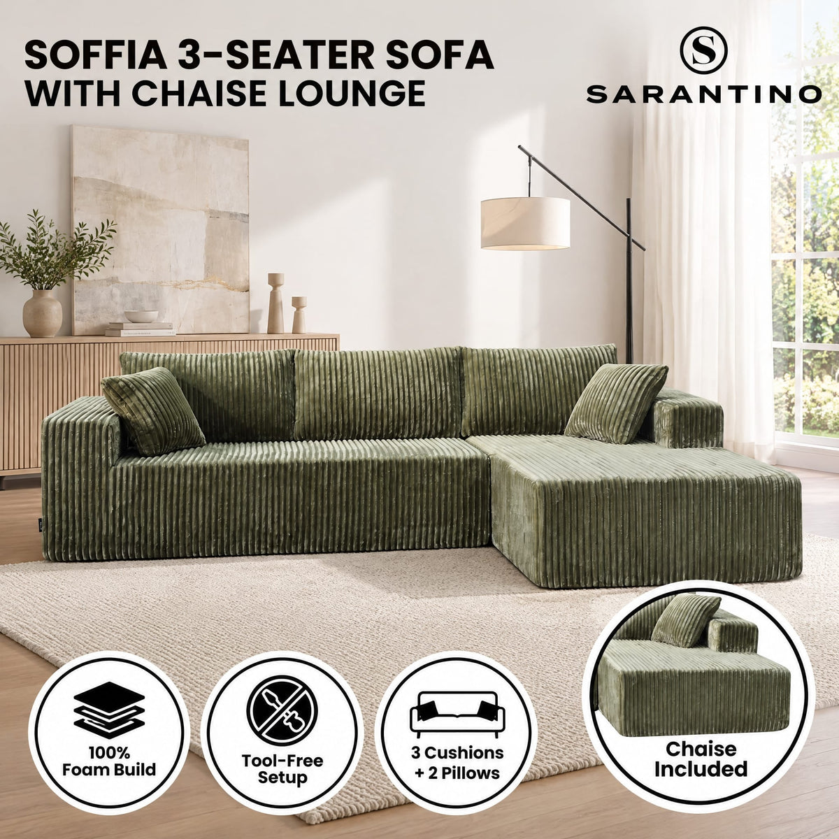 Sarantino Soffia 2.75m Green Corduroy Corner Sofa with Chaise L-Shape Sectional Couch 3 Seater Lounge Sofa in a Box