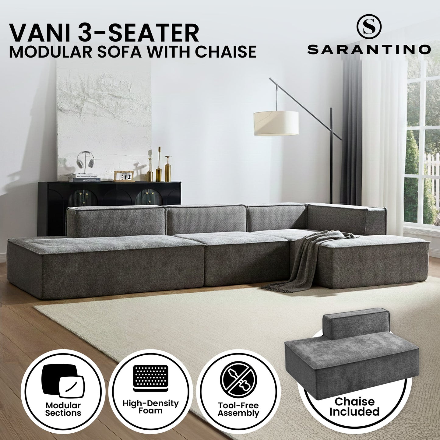 Sarantino Vani 3 Seater Modular Sofa Set Chaise High Density Foam Cushions Durable Fabric Upholstery Dark Grey