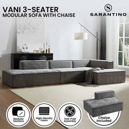 Sarantino Vani 3 Seater Modular Sofa Set Chaise High Density Foam Cushions Durable Fabric Upholstery Dark Grey