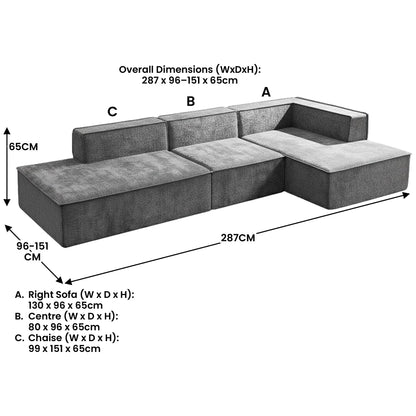 Sarantino Vani 3 Seater Modular Sofa Set Chaise High Density Foam Cushions Durable Fabric Upholstery Dark Grey