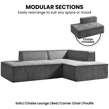 Sarantino Vani 3 Seater Modular Sofa Set Chaise High Density Foam Cushions Durable Fabric Upholstery Dark Grey