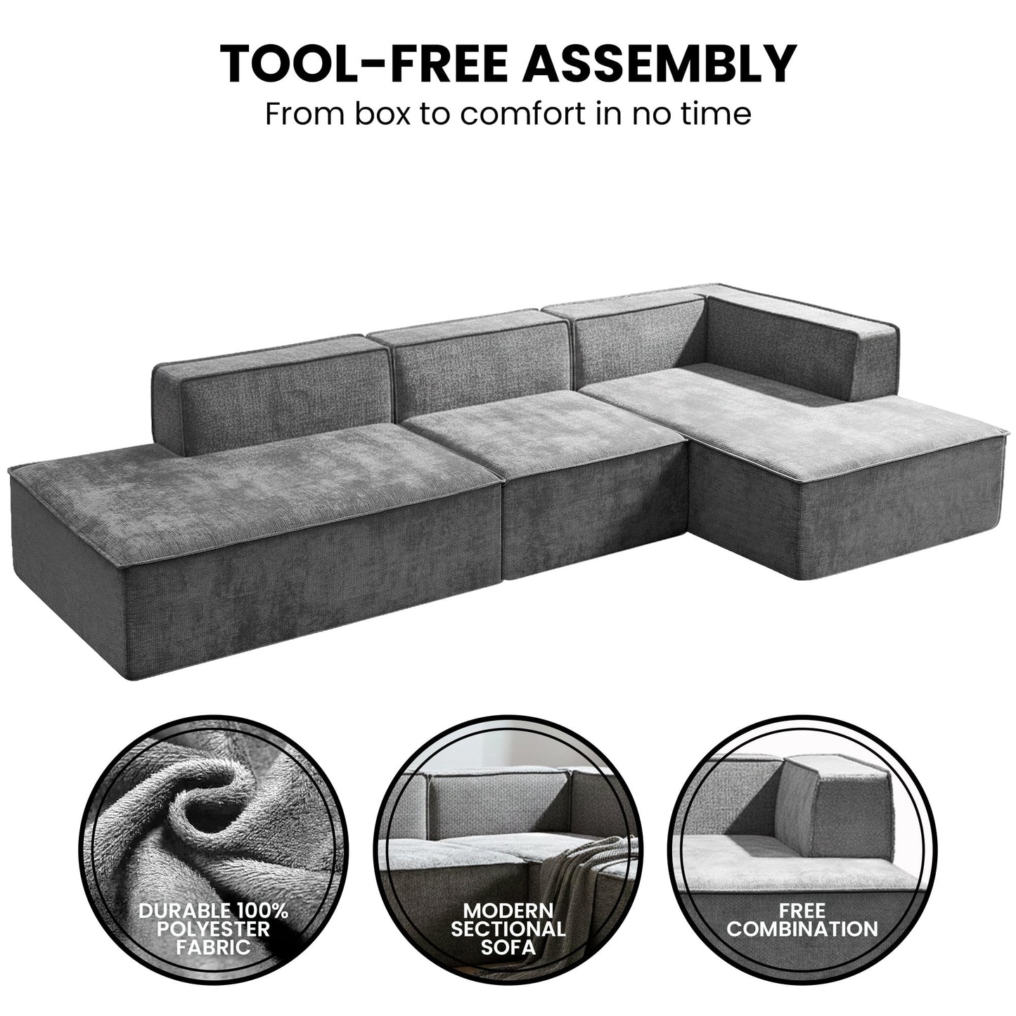 Sarantino Vani 3 Seater Modular Sofa Set Chaise High Density Foam Cushions Durable Fabric Upholstery Dark Grey