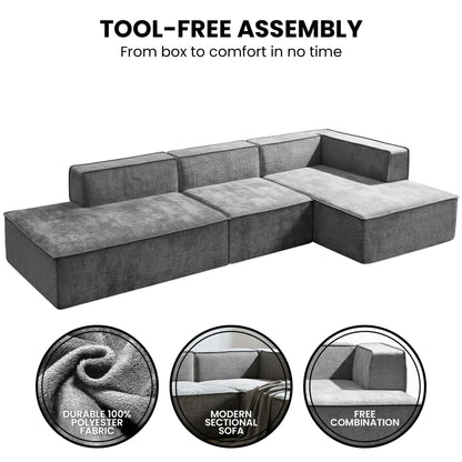 Sarantino Vani 3 Seater Modular Sofa Set Chaise High Density Foam Cushions Durable Fabric Upholstery Dark Grey
