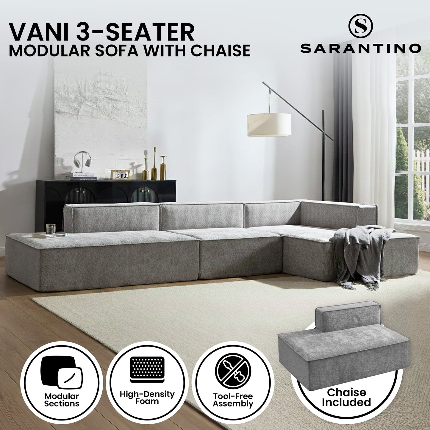 Sarantino Vani 3 Seater Modular Sofa Set Chaise High Density Foam Cushions Durable Fabric Upholstery Light Grey
