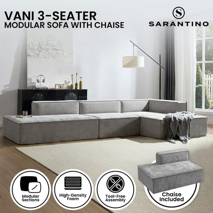 Sarantino Vani 3 Seater Modular Sofa Set Chaise High Density Foam Cushions Durable Fabric Upholstery Light Grey