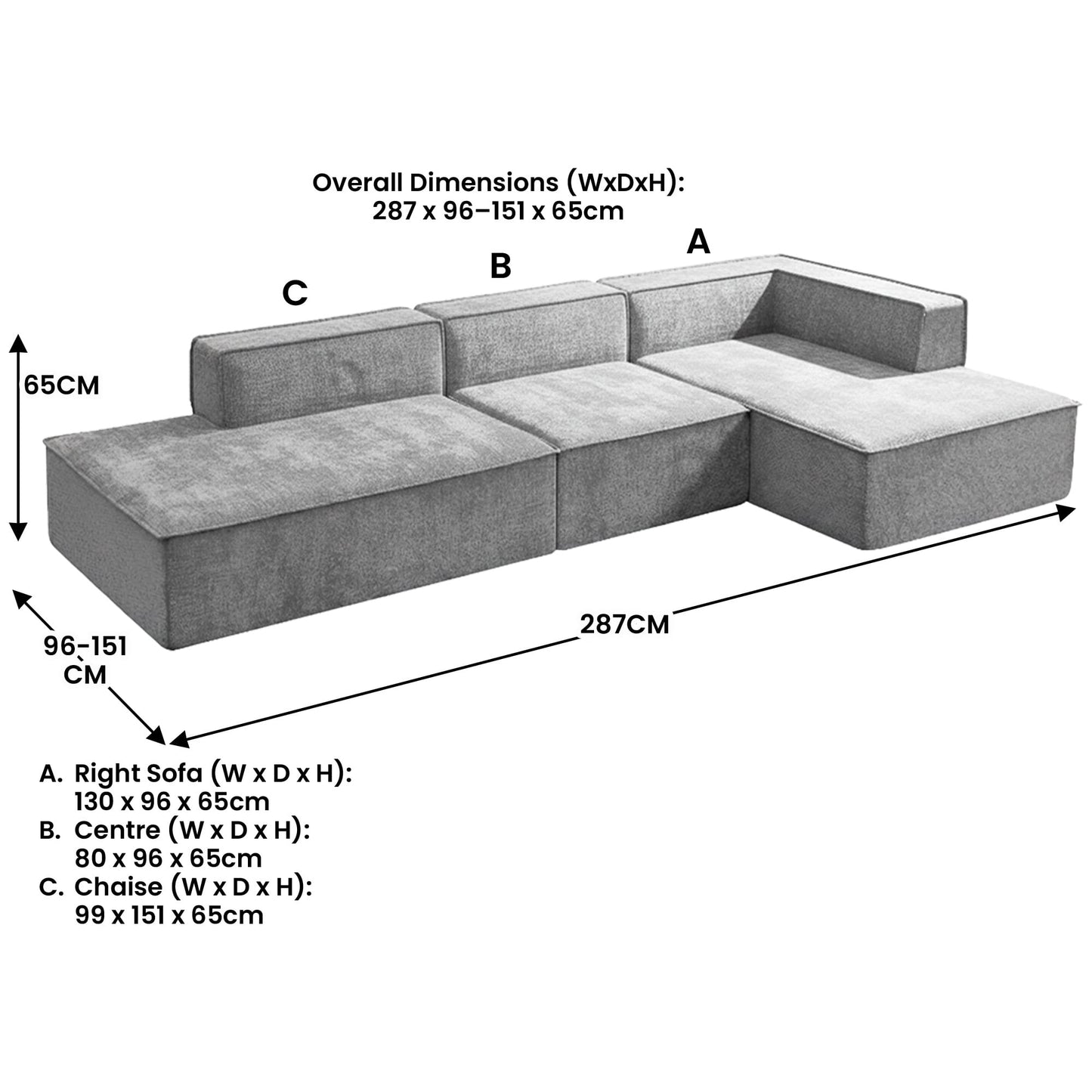 Sarantino Vani 3 Seater Modular Sofa Set Chaise High Density Foam Cushions Durable Fabric Upholstery Light Grey