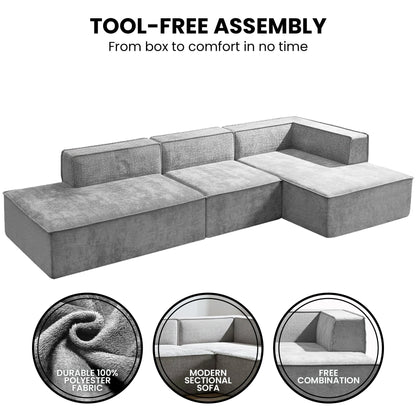 Sarantino Vani 3 Seater Modular Sofa Set Chaise High Density Foam Cushions Durable Fabric Upholstery Light Grey