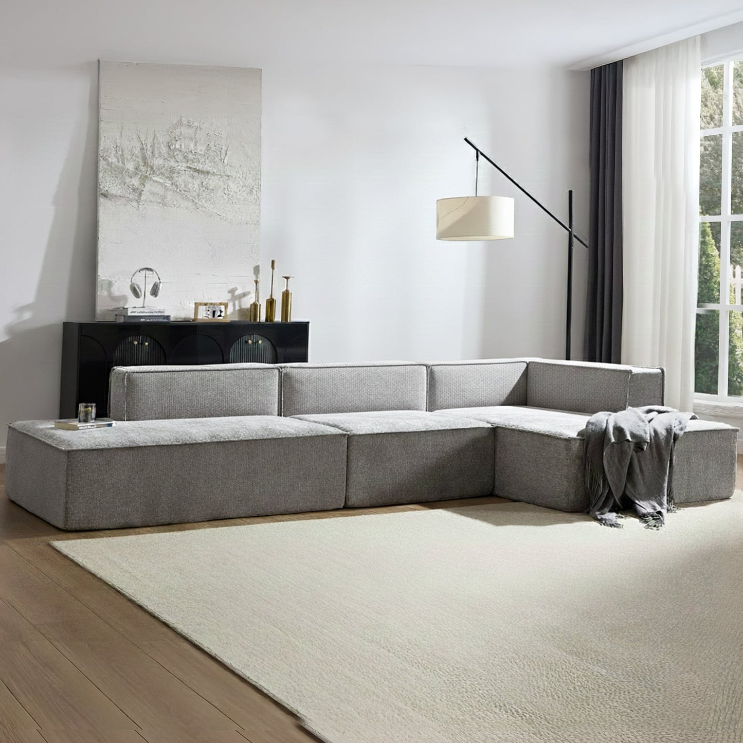 Sarantino Vani 3 Seater Modular Sofa Set Chaise High Density Foam Cushions Durable Fabric Upholstery Light Grey