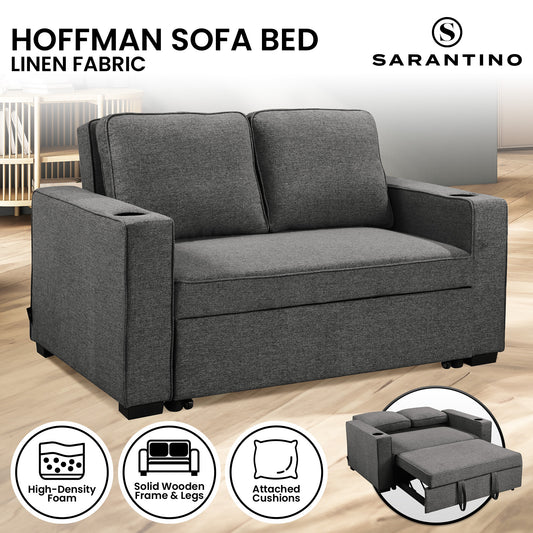Sarantino Hoffman Linen Sofa Bed with Cushions and Cup Holders Dark Grey