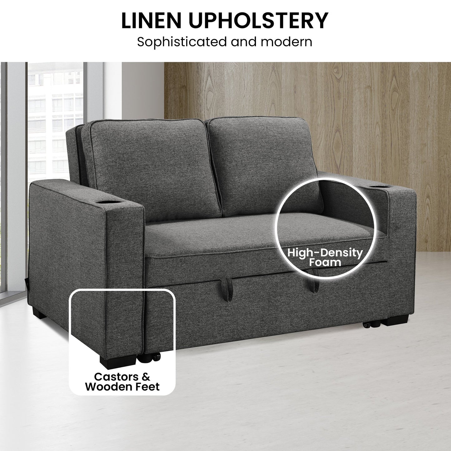 Sarantino Hoffman Linen Sofa Bed with Cushions and Cup Holders - Dark Grey