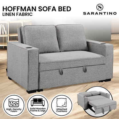 Sarantino Hoffman Linen Sofa Bed with Cushions and Cup Holders Light Grey