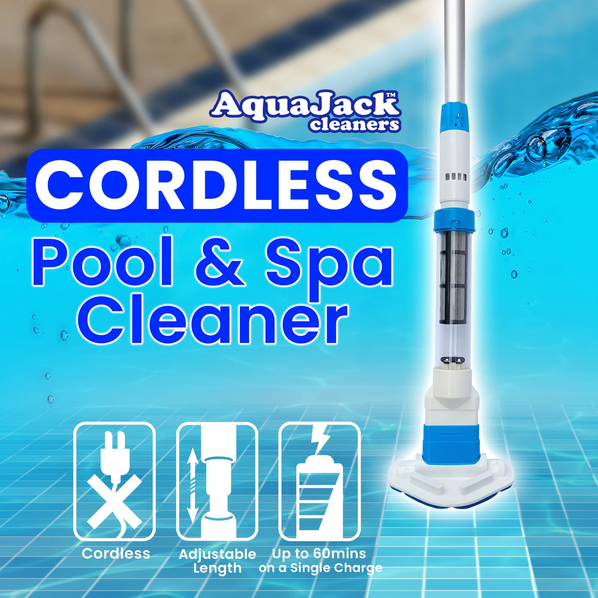 Aquajack Cordless Rechargeable Spa and Pool Vacuum Cleaner with Telescopic Pole & 2 Heads - 60 Min Runtime