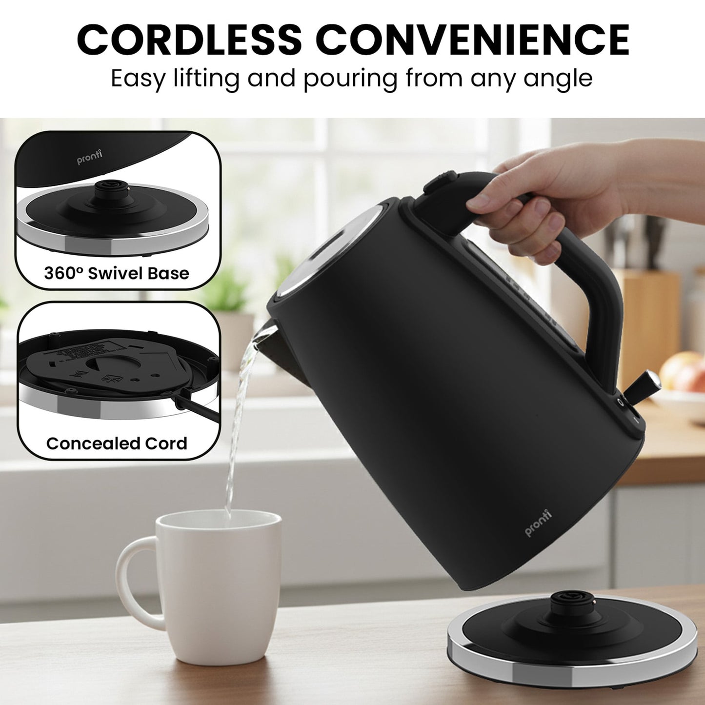 Pronti Breakfast Set with 1.6L Coffee Machine, Silver Noir Toaster & Kettle