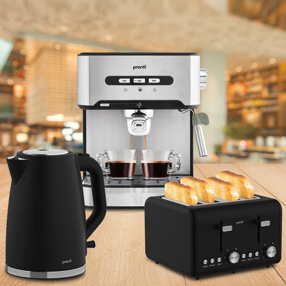 Pronti Breakfast Set with 1.6L Coffee Machine, Silver Noir Toaster & Kettle