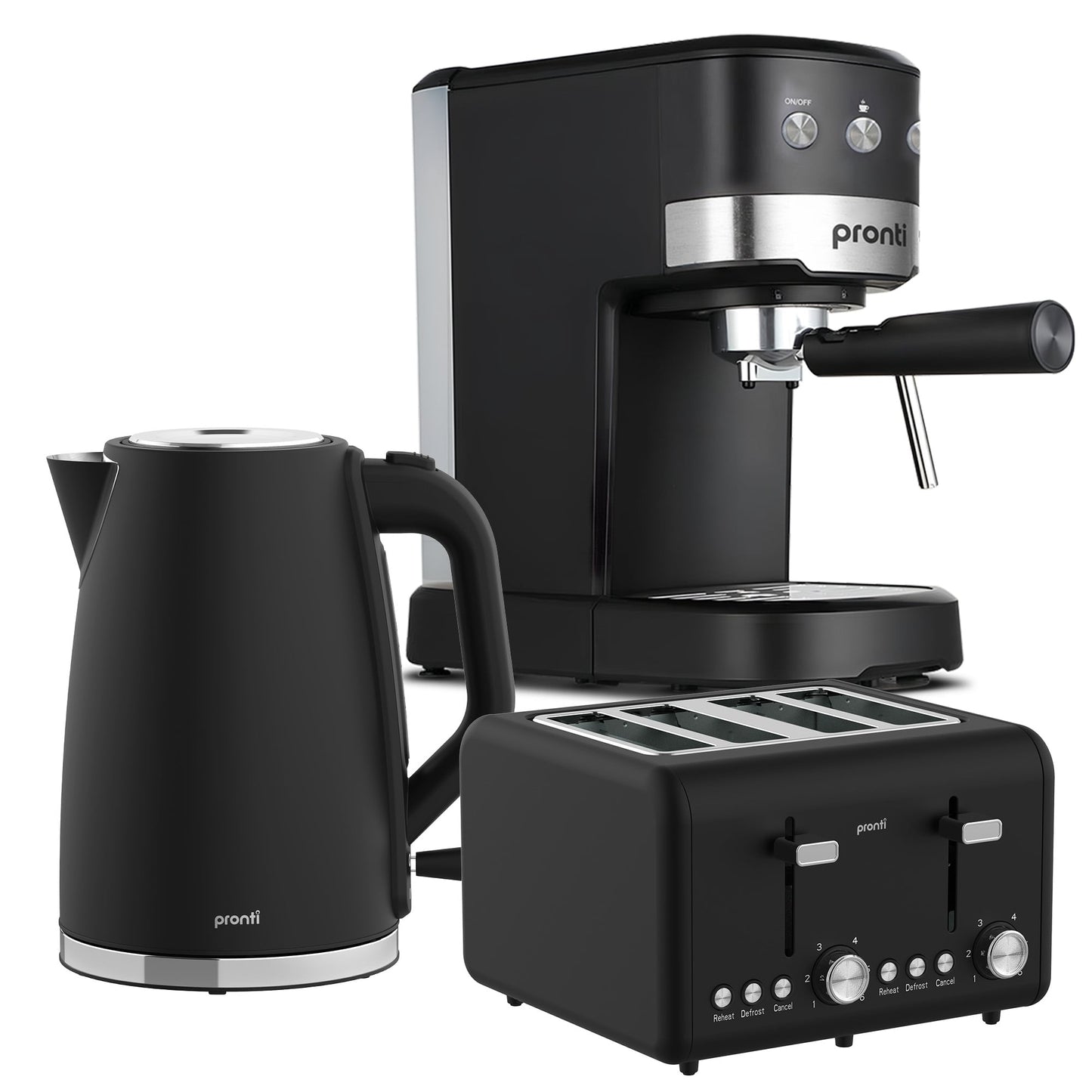 Pronti Breakfast Set with 1.25L Coffee Machine, Silver Noir Toaster & Kettle