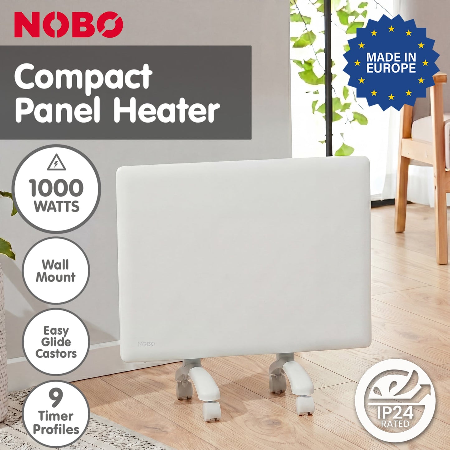Nobo 1000W Compact Electric Panel Heater with Castors & Wall Mount - Refurbished