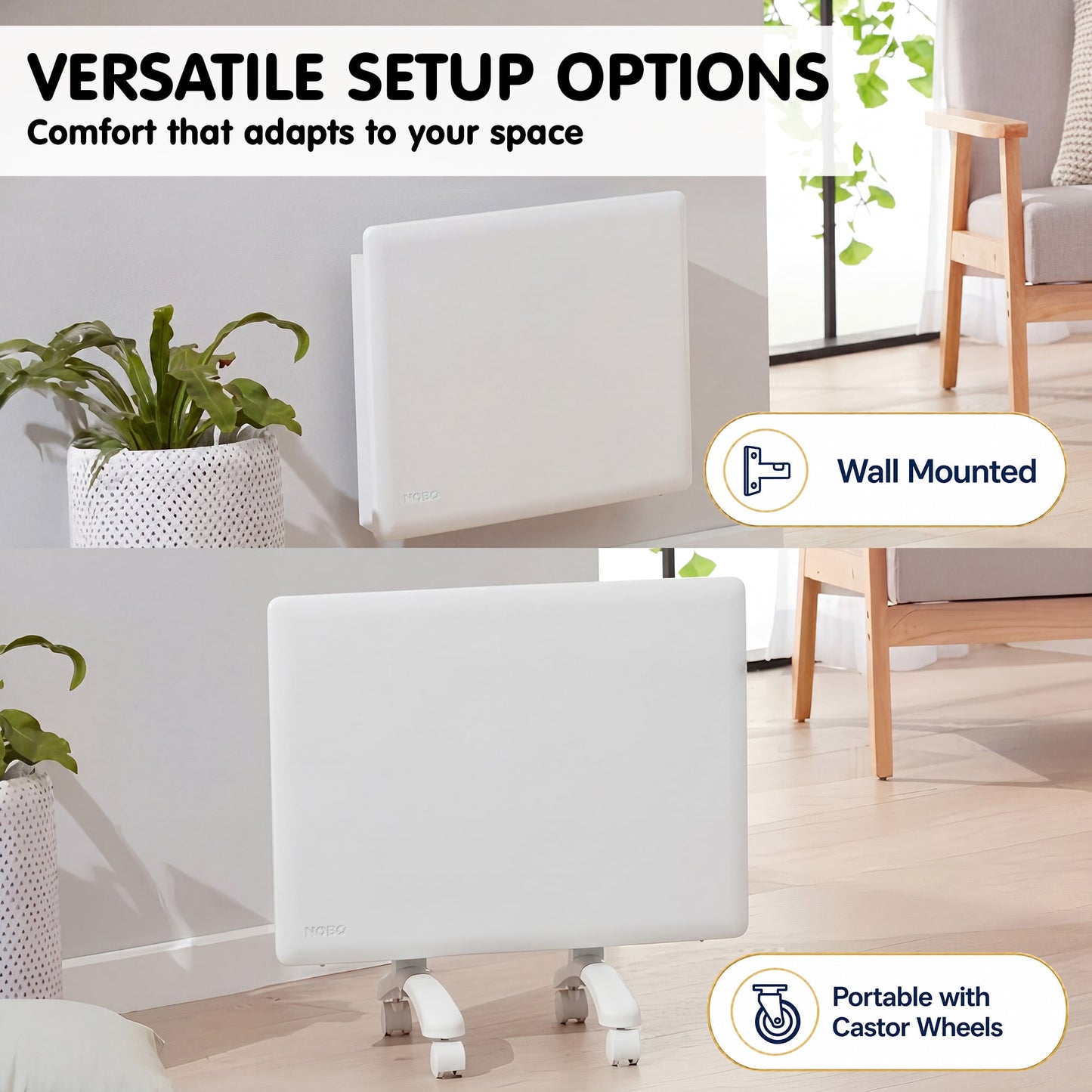 Nobo 1000W Compact Electric Panel Heater with Castors & Wall Mount - Refurbished