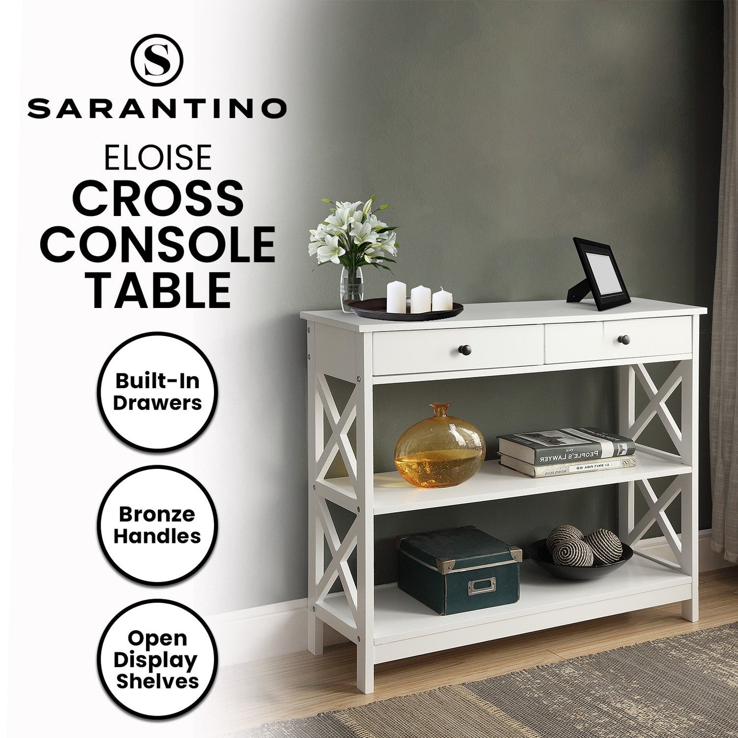 Sarantino Eloise Cross Console Table - White