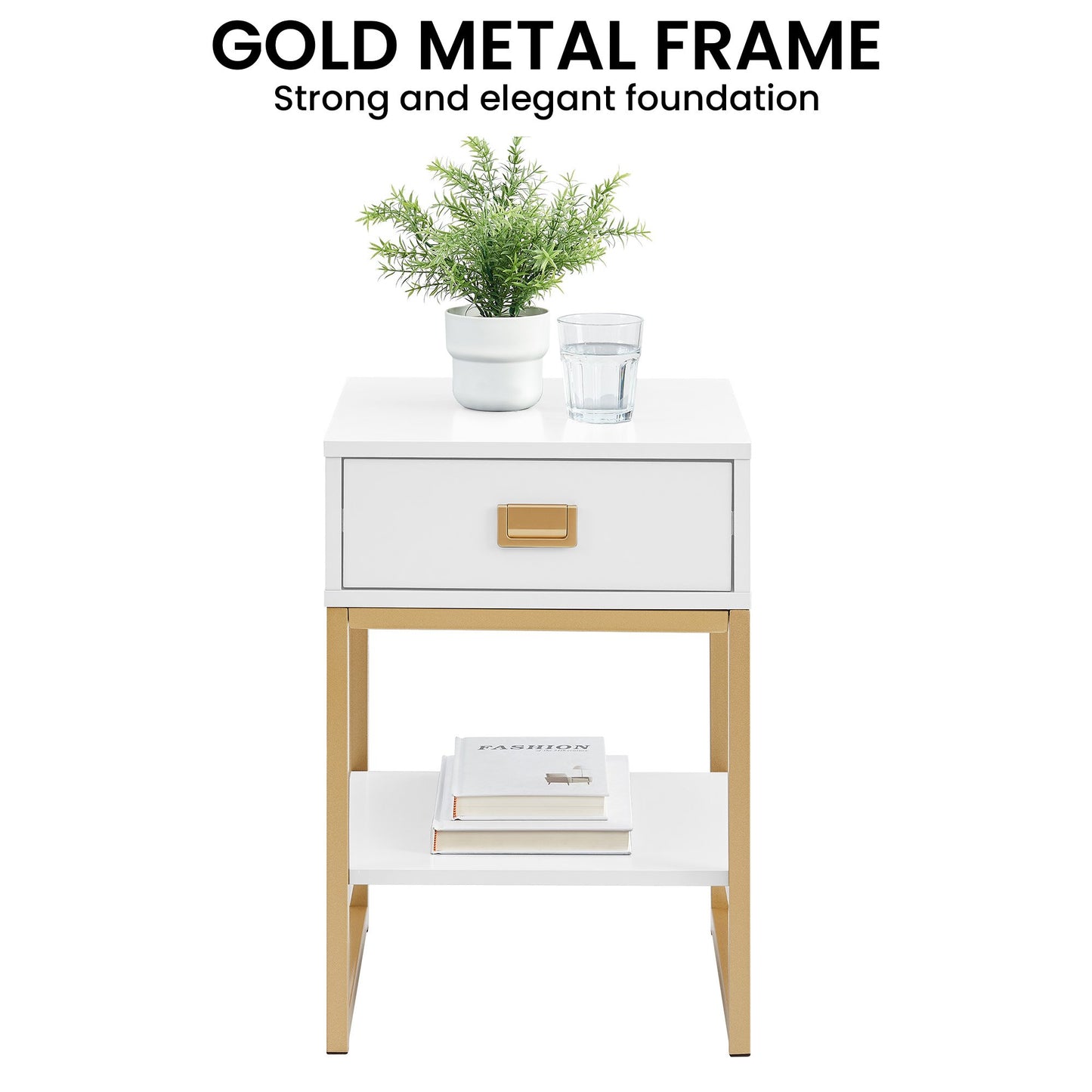 Sarantino Alessia Bedside Table - White/Gold