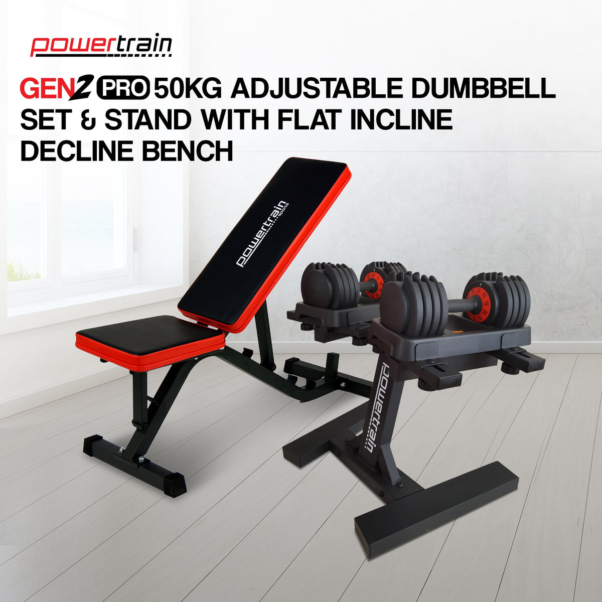Powertrain Gen2 Pro 50KG Adjustable Dumbbell Set & Stand with Flat Incline Decline Bench