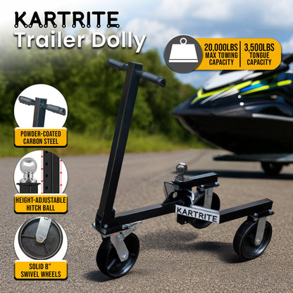 Kartrite Trailer Dolly Adjustable 2in Hitch Ball 1500kg Tongue Weight Capacity w/8in Swivel Wheels Steel Trailer Mover