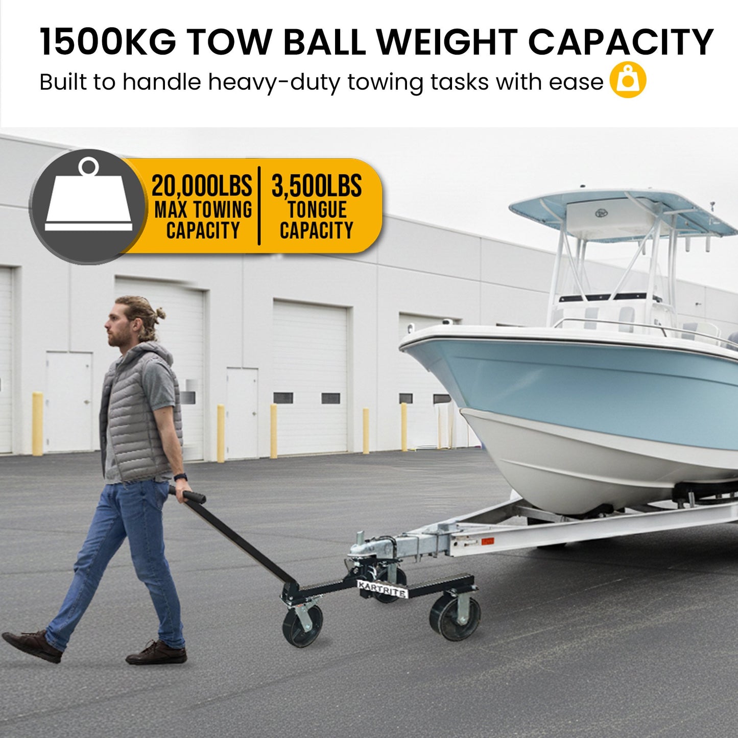 Kartrite Trailer Dolly Adjustable 2in Hitch Ball 1500kg Tongue Weight Capacity w/8in Swivel Wheels Steel Trailer Mover