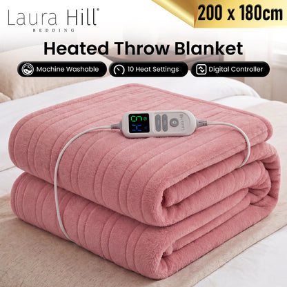 Laura Hill XL Electric Heated Blanket Throw Soft Coral Fleece with 10 Heat Settings - Pink