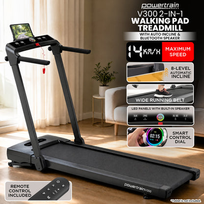 Powertrain V300 3.0HP Foldable 2-in-1 Walking Pad Treadmill with Auto Incline 14km/h Under Desk Running Machine