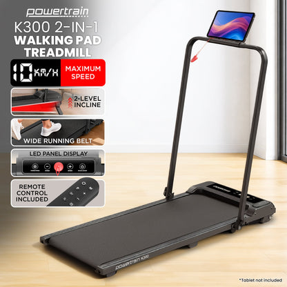 Powertrain K300 Black Foldable 2-in-1 Under Desk Walking Pad Treadmill 1.5HP 10km/h Incline Home Running Machine