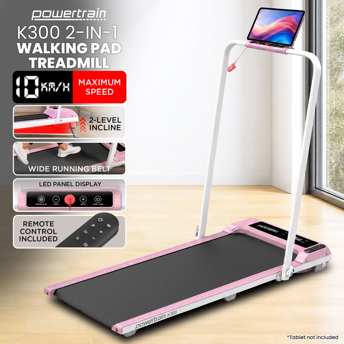 Powertrain K300 Pink Foldable 2-in-1 Under Desk Walking Pad Treadmill 1.5HP 10km/h Incline Home Running Machine