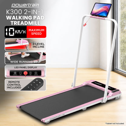 Powertrain K300 Pink Foldable 2-in-1 Under Desk Walking Pad Treadmill 1.5HP 10km/h Incline Home Running Machine