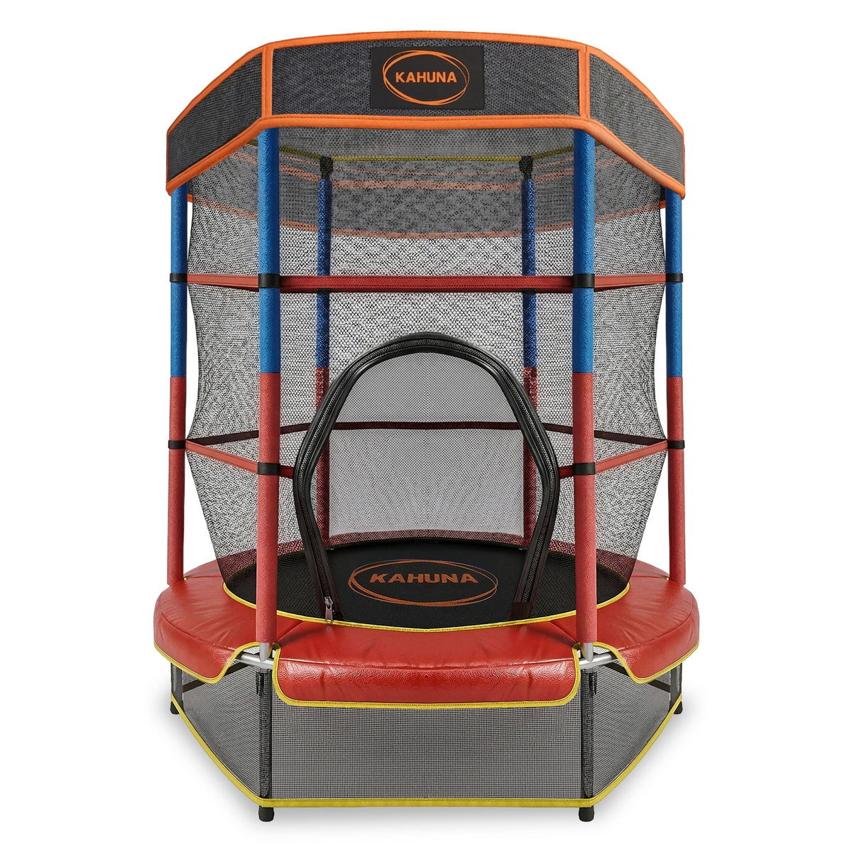 Kahuna 4.5ft Kids Trampoline with Roof Shade Cover & Safety Net Enclosure - Outdoor Indoor Toddler Play Red Blue