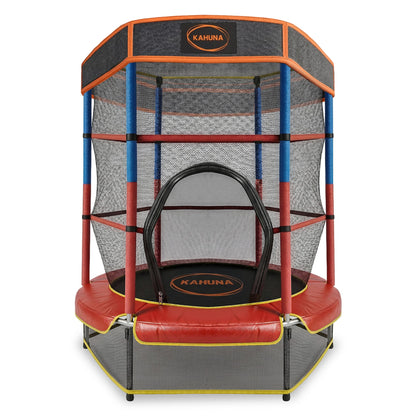 Kahuna 4.5ft Kids Trampoline with Roof Shade Cover & Safety Net Enclosure - Outdoor Indoor Toddler Play Red Blue