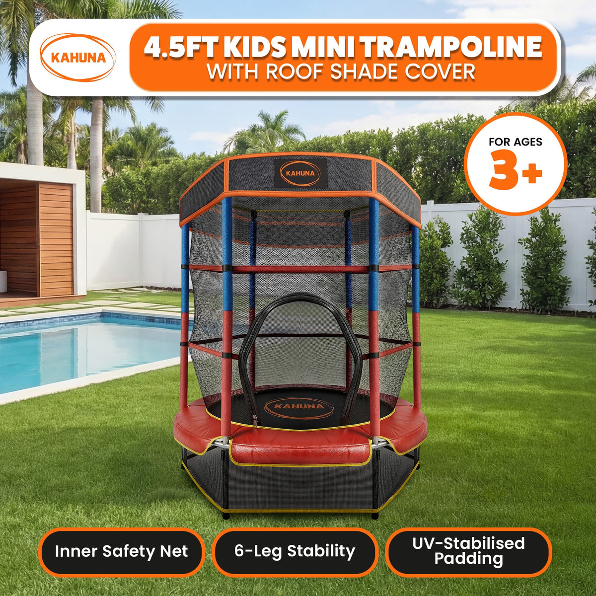 Kahuna 4.5ft Kids Trampoline with Roof Shade Cover & Safety Net Enclosure - Outdoor Indoor Toddler Play Red Blue