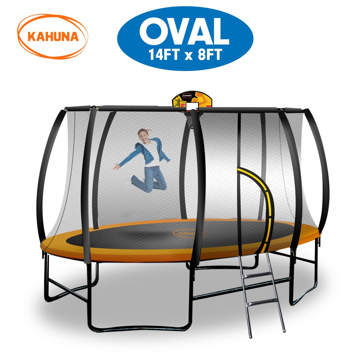 Kahuna Trampoline 8 ft x 14 ft Oval with Basketball Set - Orange