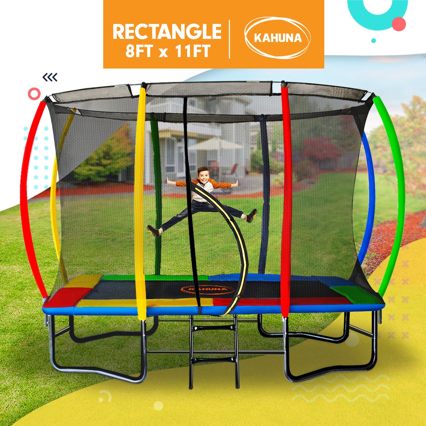 Kahuna Trampoline 8 ft x 11 ft Outdoor Rectangular Rainbow