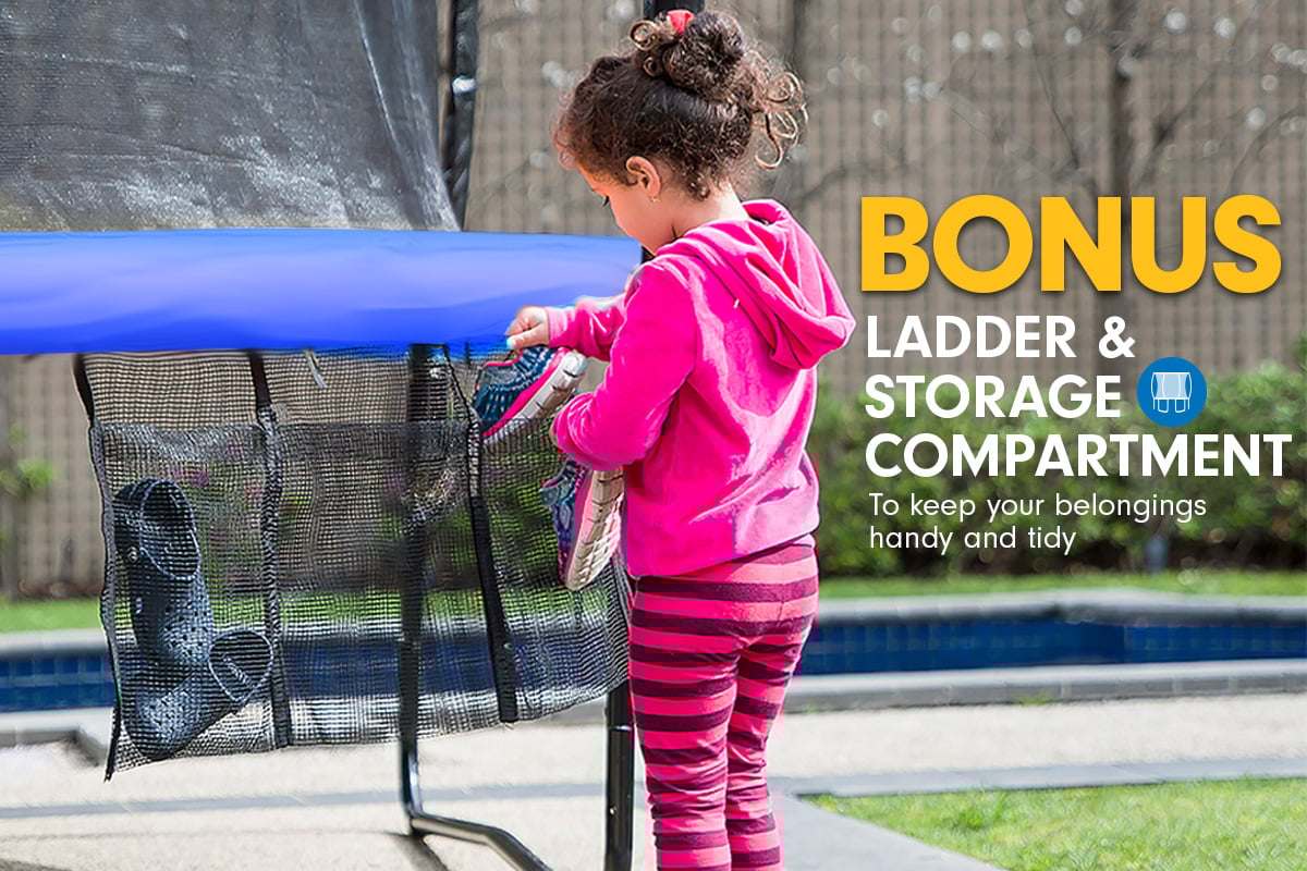 Kahuna Trampoline 14 ft with Basketball Set and Roof - Blue