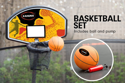 Kahuna Trampoline 14 ft with Basketball Set and Roof - Blue