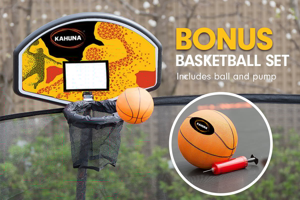 Kahuna Trampoline 14 ft with Basketball Set and Roof - Purple