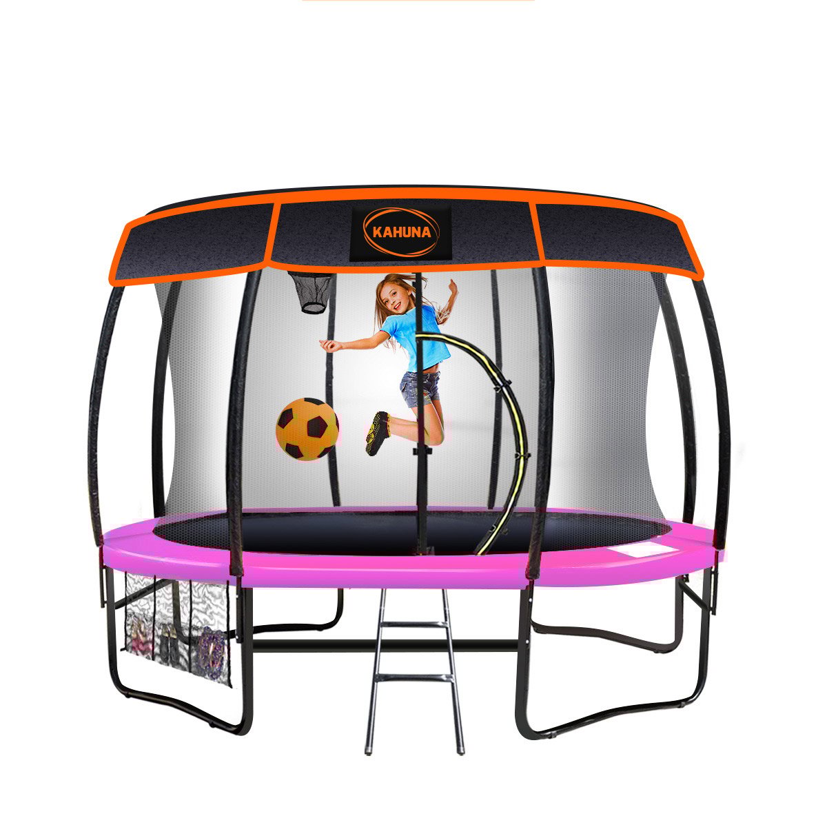 Kahuna Trampoline 12 ft with Basketball Set and Roof - Pink