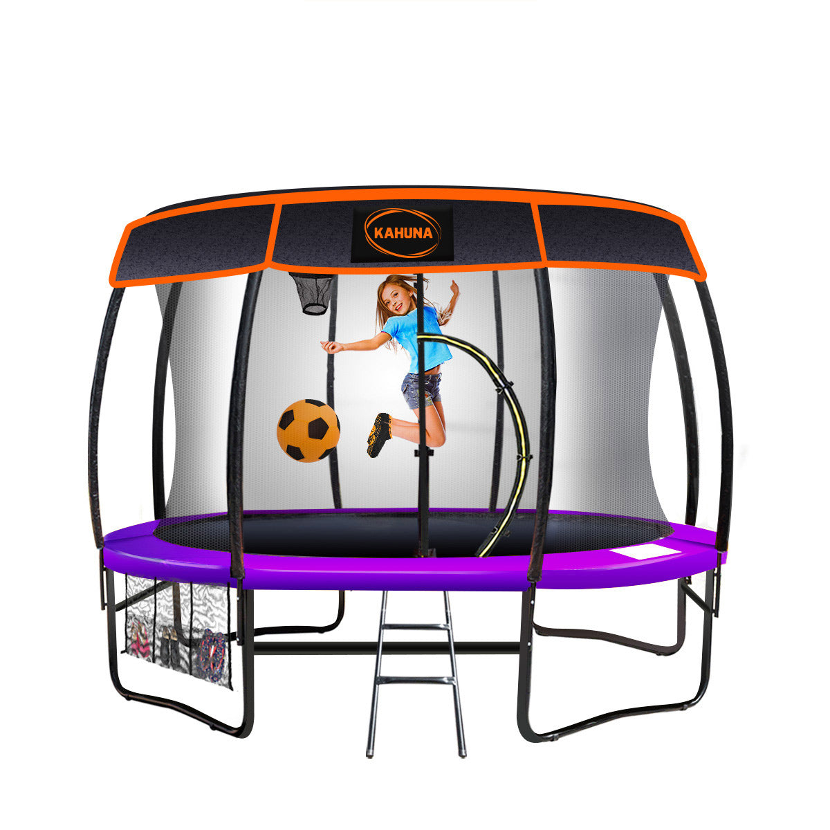 Kahuna Trampoline 10 ft with Basketball Set and Roof - Purple