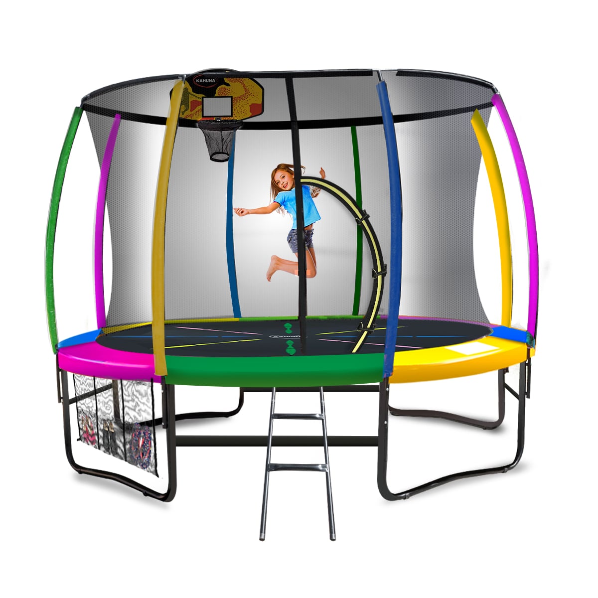 Kahuna Trampoline 16 ft with Basketball Set - Rainbow