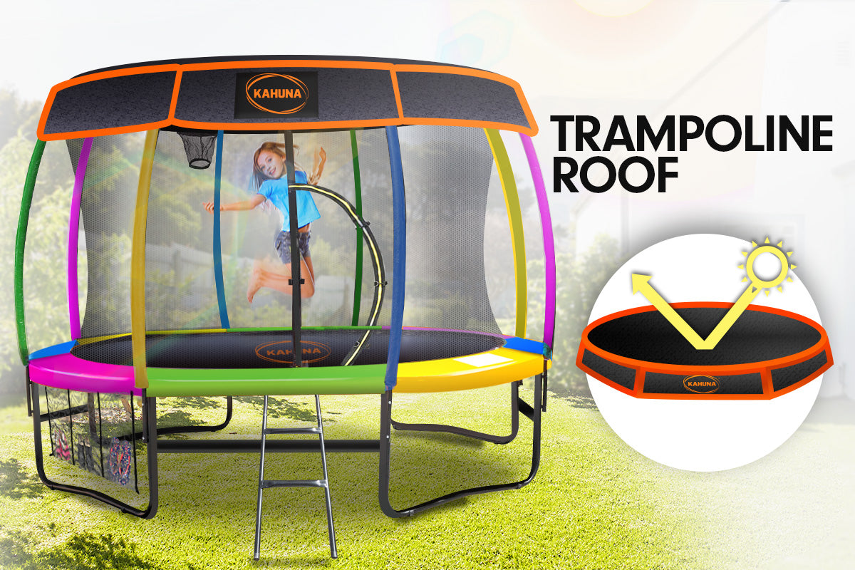 Kahuna Trampoline 14 ft with Basketball Set and Roof - Rainbow