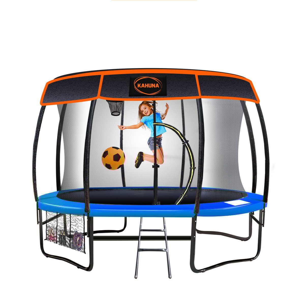 Kahuna Trampoline 12 ft with Basketball Set and Roof - Blue