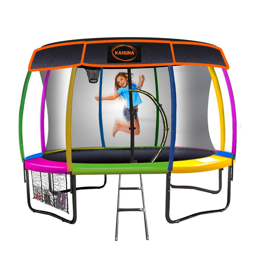 Kahuna Trampoline 12 ft with Basketball Set and Roof - Rainbow